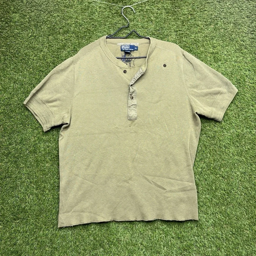 Vintage POLO Ralph Lauren Shirt Mens XL 836 R64 Crest Army Green Henley Ribbing